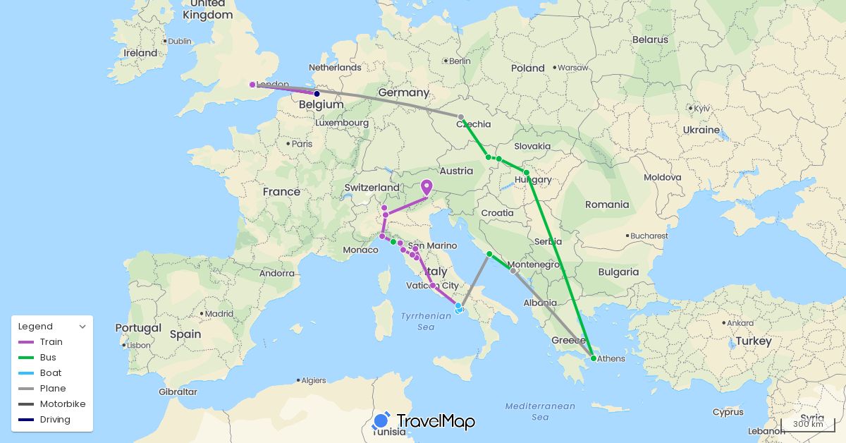 TravelMap itinerary: driving, bus, plane, train, boat, motorbike in Austria, Belgium, Czech Republic, United Kingdom, Greece, Croatia, Hungary, Italy, Slovakia (Europe)